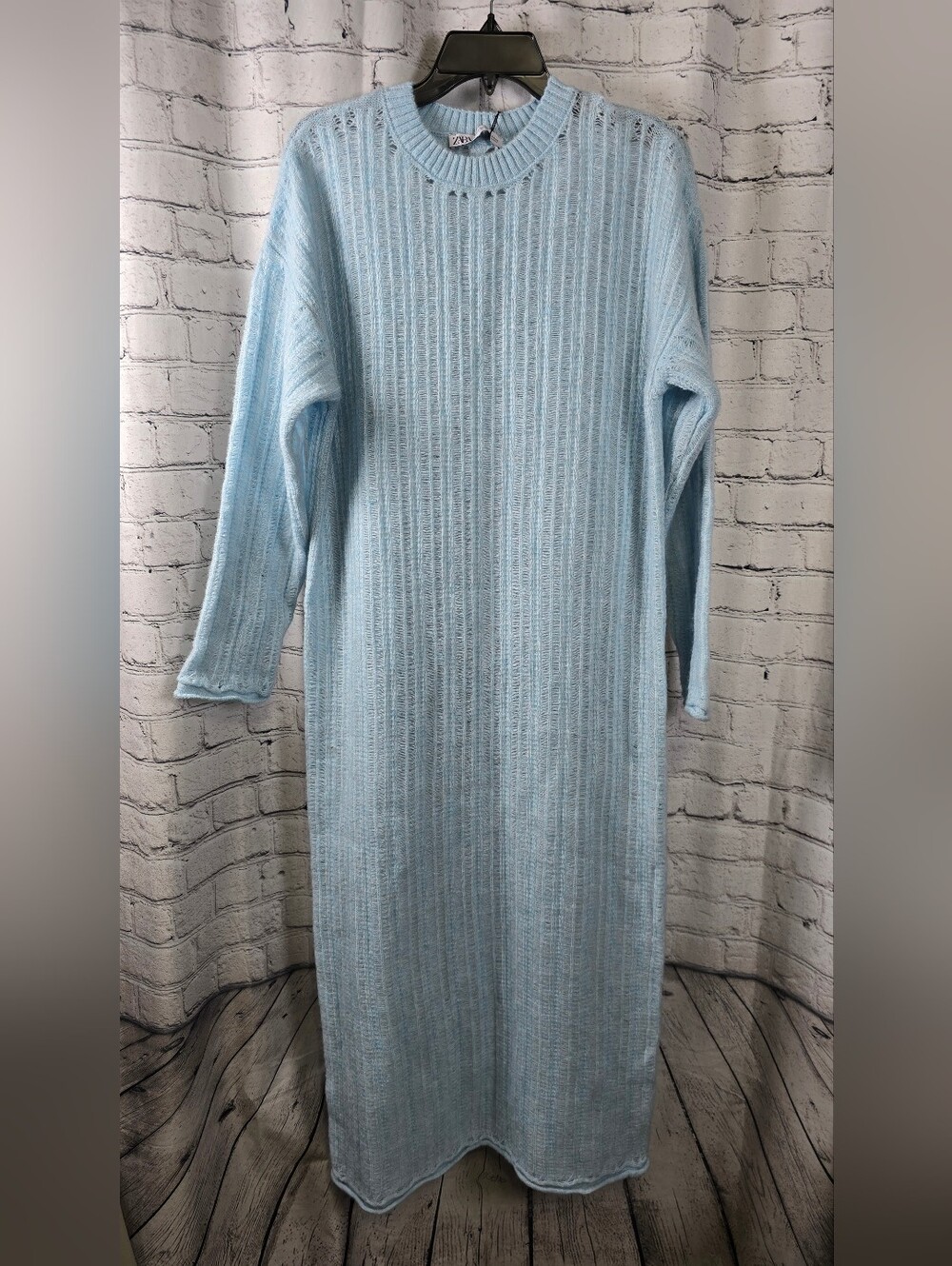 Zara Light Blue Ribbed Knit Maxi Sweater Dress Size XS